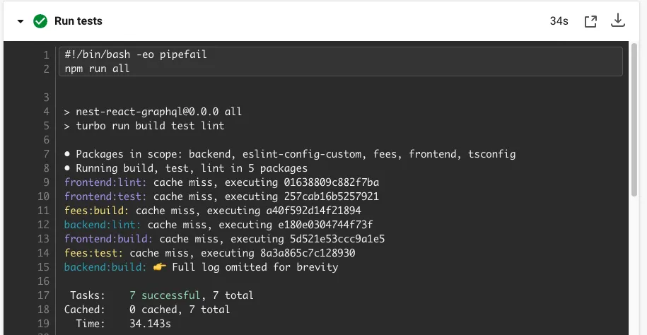 screenshot of Circle CI showing 34s without cache