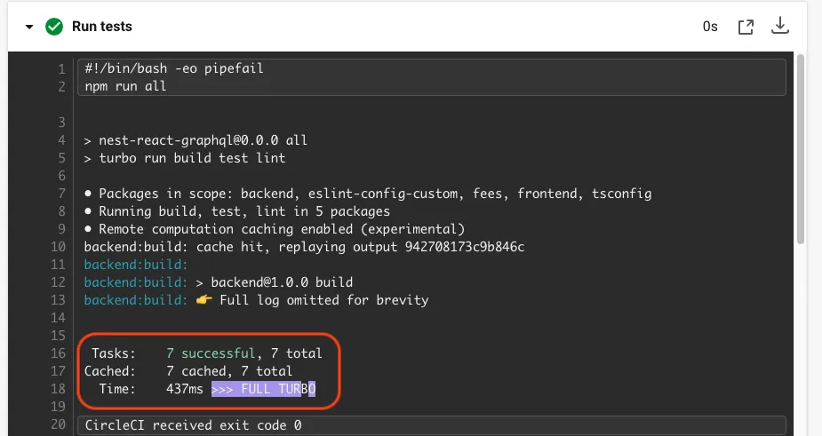 screenshot of Circle CI showing 0.437s with cache